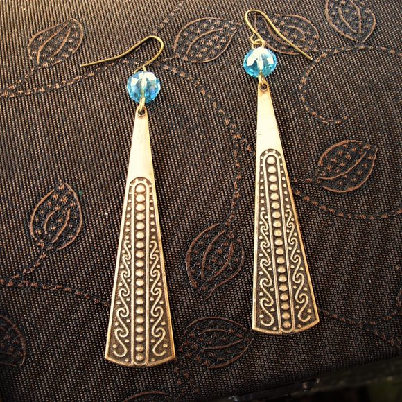 Vintage Jewelry Stamped Brass And Aqua Crystal Vintage Long